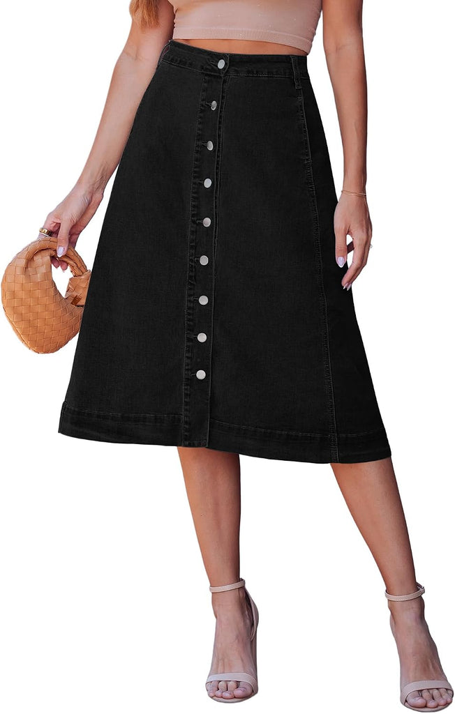 luvamia Jean Skirts for Women Trendy Midi Length A Line Black Skirt for Women with Pockets Midi Jean Skirts Denim Button