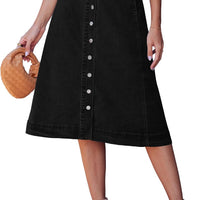 luvamia Jean Skirts for Women Trendy Midi Length A Line Black Skirt for Women with Pockets Midi Jean Skirts Denim Button
