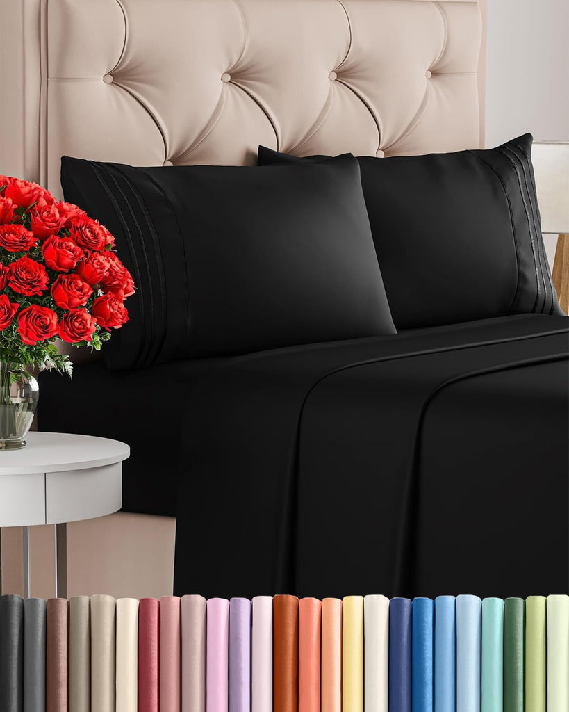 Queen Size 4 Piece Sheet Set - Comfy Breathable & Cooling Sheets - Black