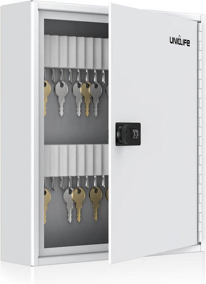 Uniclife 60 Position Slotted Key Cabinet with Combination Lock Resettable White Digital Security Storage Box Steel Key Organizer with Slotted Racks White Key Tag Labels and Permanent Pen