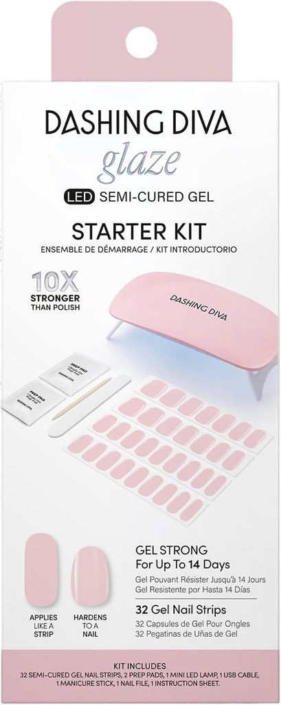 Dashing Diva Glaze Nail Starter Kit - Pale Blush - Long Lasting, Chip Resistant, Semi-Cured Gel Nail Strips - 7-Piece Ma