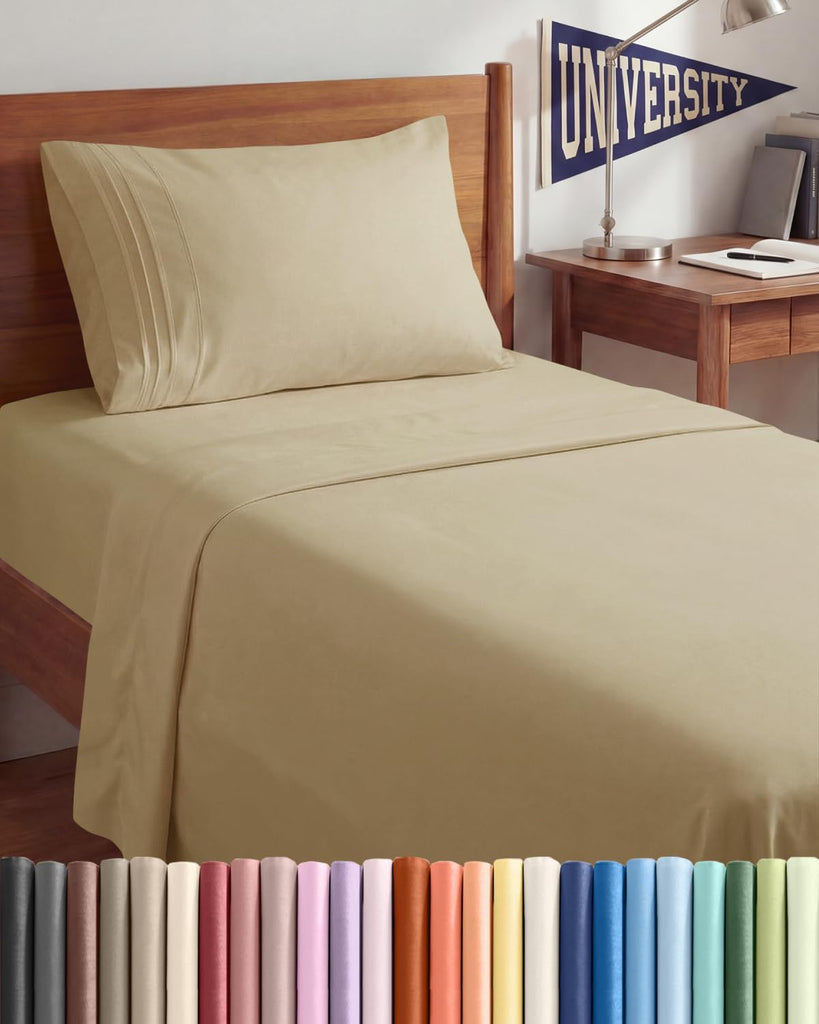 Twin XL 3 Piece Sheet Set - College Dorm Room Essentials - Beige