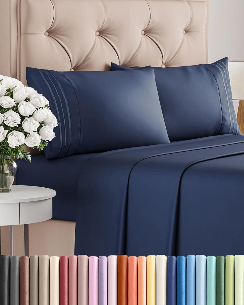 Queen Size 4 Piece Sheet Set - Breathable & Cooling Sheets - Navy Blue - 29 - Yellow / Short Queen
