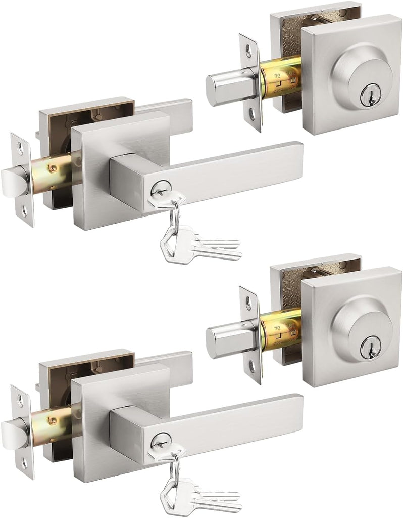 Tinewa Brushed Nickel Keyed Alike Front/Exterior Door Levers with Single Cylinder Deadbolt, Square Entry Door Knob Lock