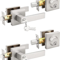 Tinewa Brushed Nickel Keyed Alike Front/Exterior Door Levers with Single Cylinder Deadbolt, Square Entry Door Knob Lock