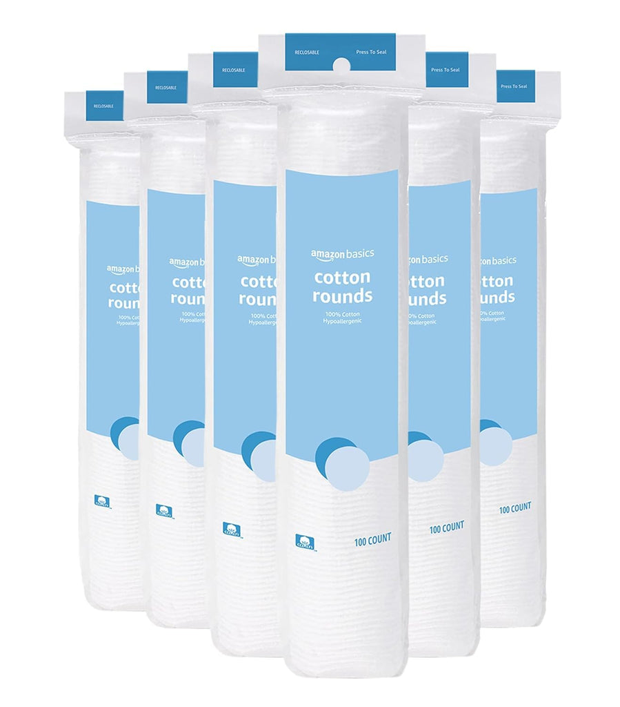 Amazon Basics 100% Cotton Rounds for Makeup Remover and Skincare, All Skin Types, 600 Count, 6 Packs of 100 Count