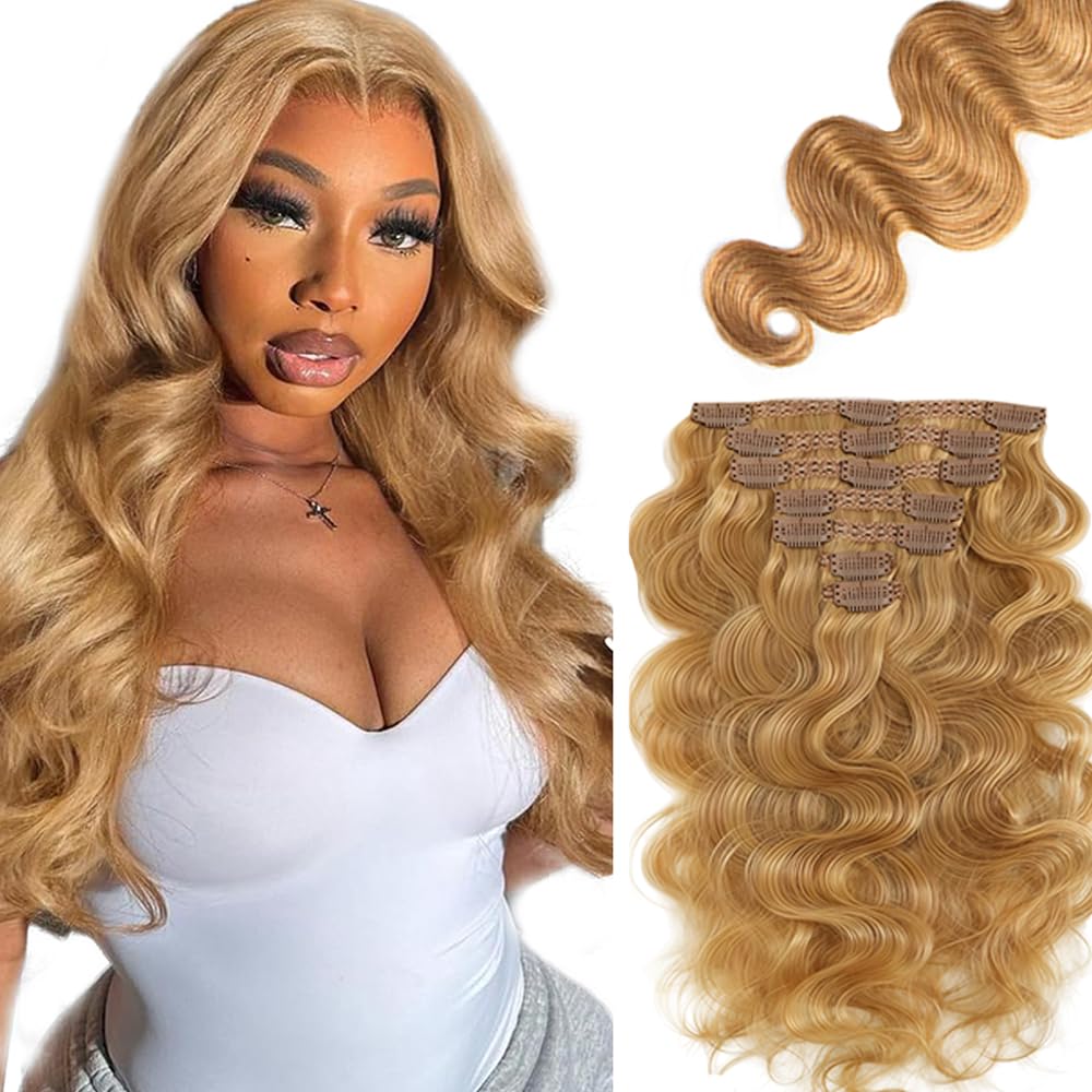 20 Inch Honey Blonde Clip in Hair Extensions,Soft Real Human Hair 120g 7pcs,Brazilian Remy Clip ins,Color 27 Body Wave Clip ins Silky Hair Extensions