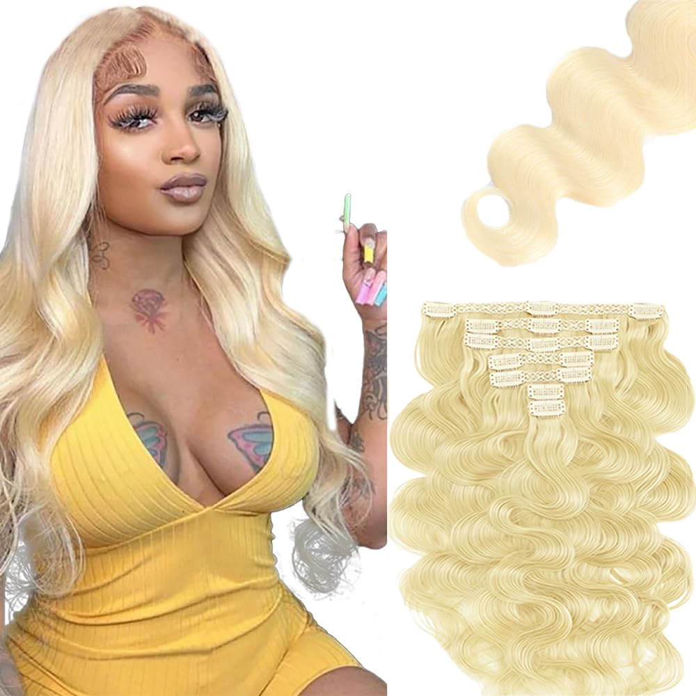 #613 Blonde Clip in Hair Extensions,28 Inch Soft Real Human Hair 120g 7pcs,Brazilian Remy Blonde Clip ins for Women,#613 Body Wave Clip ins Hair Extensions