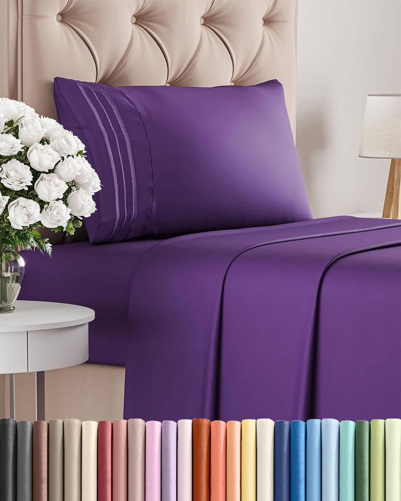 Twin Size 3 Piece Sheet Set - Comfy Breathable & Cooling Sheets - Purple
