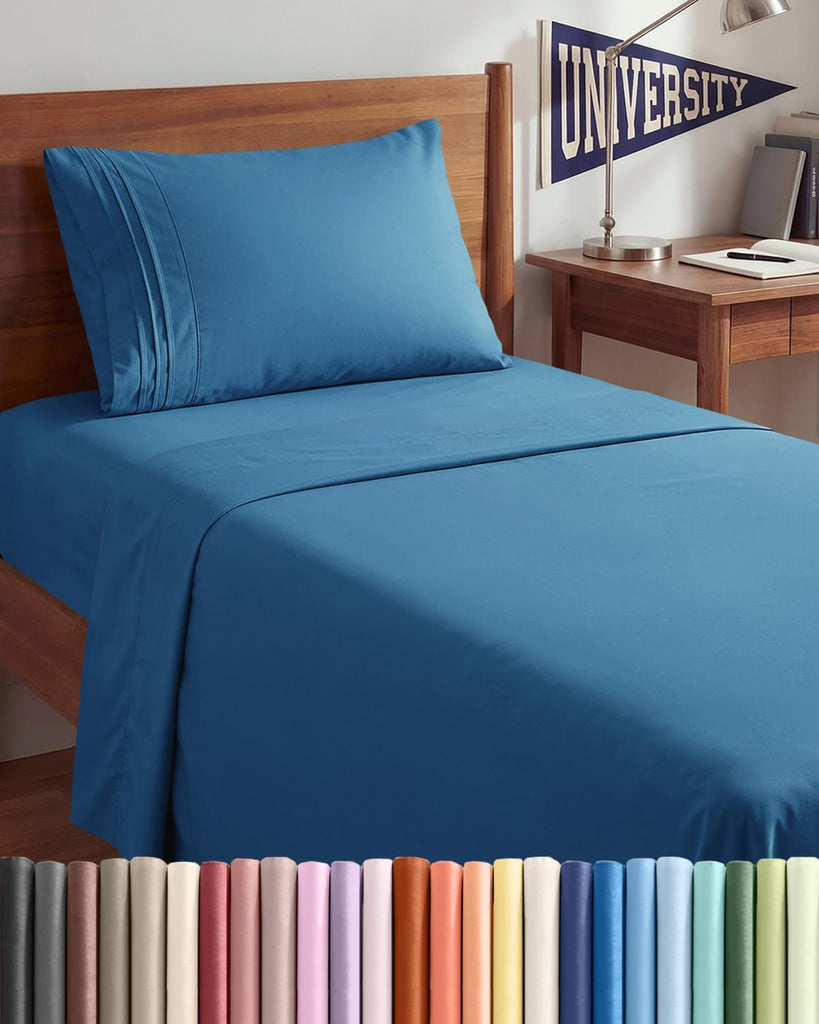 Twin XL 3 Piece Sheet Set - College Dorm Room Essentials - Denim Blue