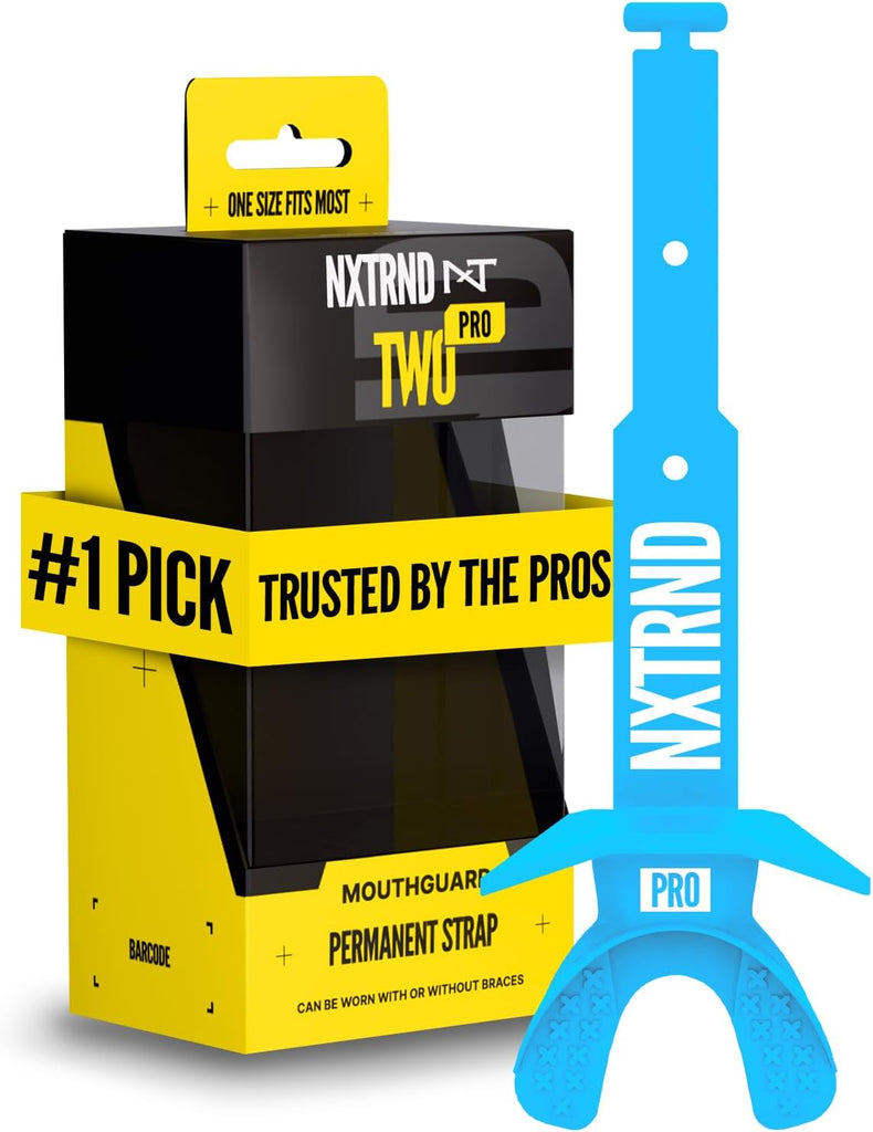 Nxtrnd Two Pro Football Mouth Guard, Permanent Strap, Fits Adult & Youth (Neon Blue)