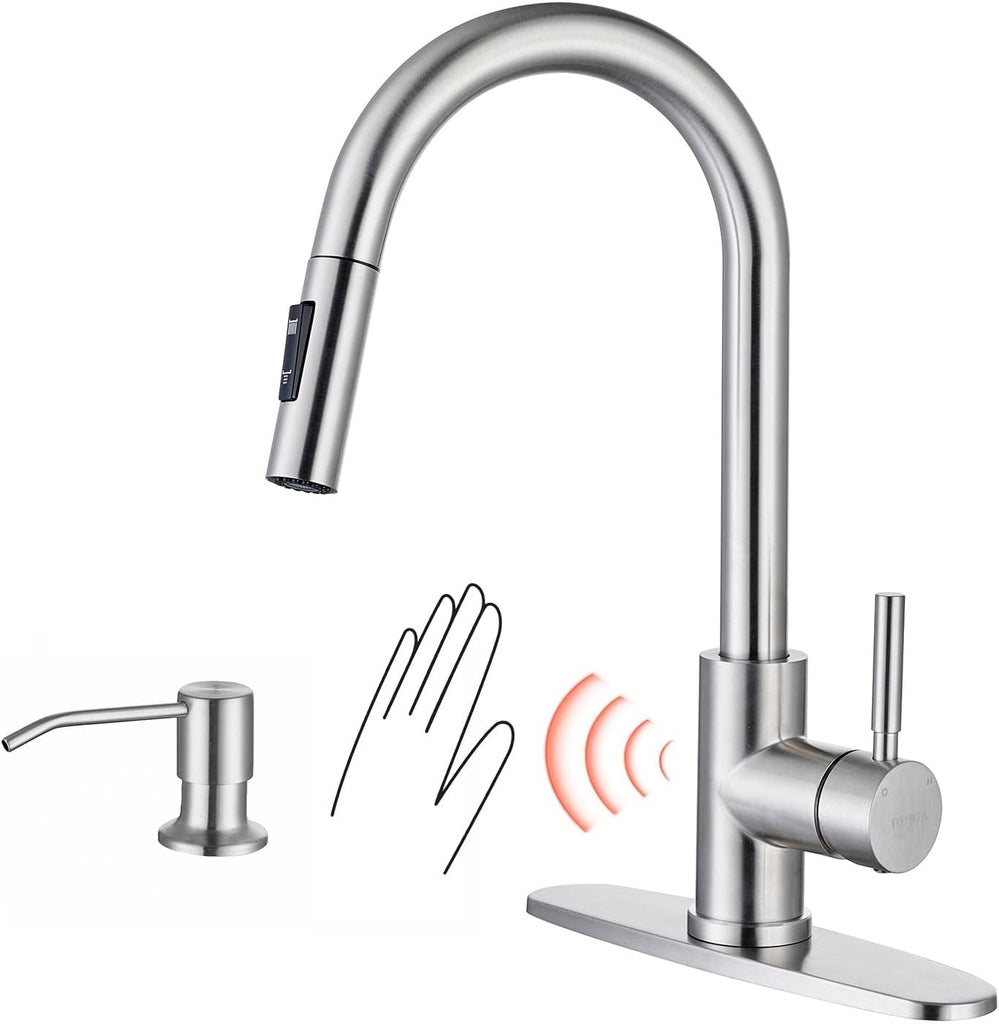 TOYWIA Touchless Kitchen Faucets with Pull Down Sprayer and Soap Dispenser, Brushed Nickel Smart Motion Sensor Stainless