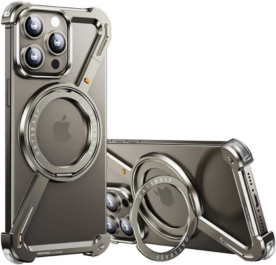 Omio for iPhone 15 Pro Max Bumper Case Compatible with MagSafe, Minimalist Phone Case with Magnetic Kickstand Slim Alumi