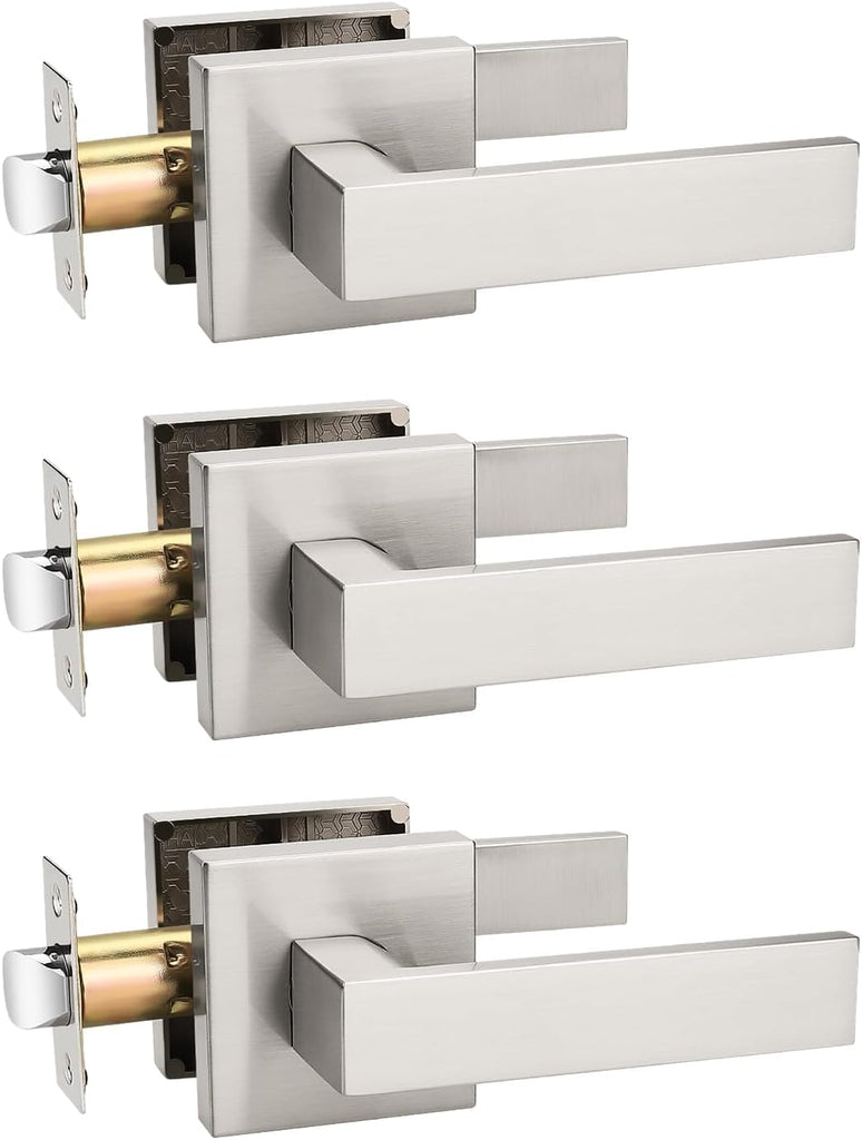 Tinewa 3 Pack Brushed Nickel Passage Door Levers Interior Door Handles, Heavy Duty Closet Hallway Door Handle Sets