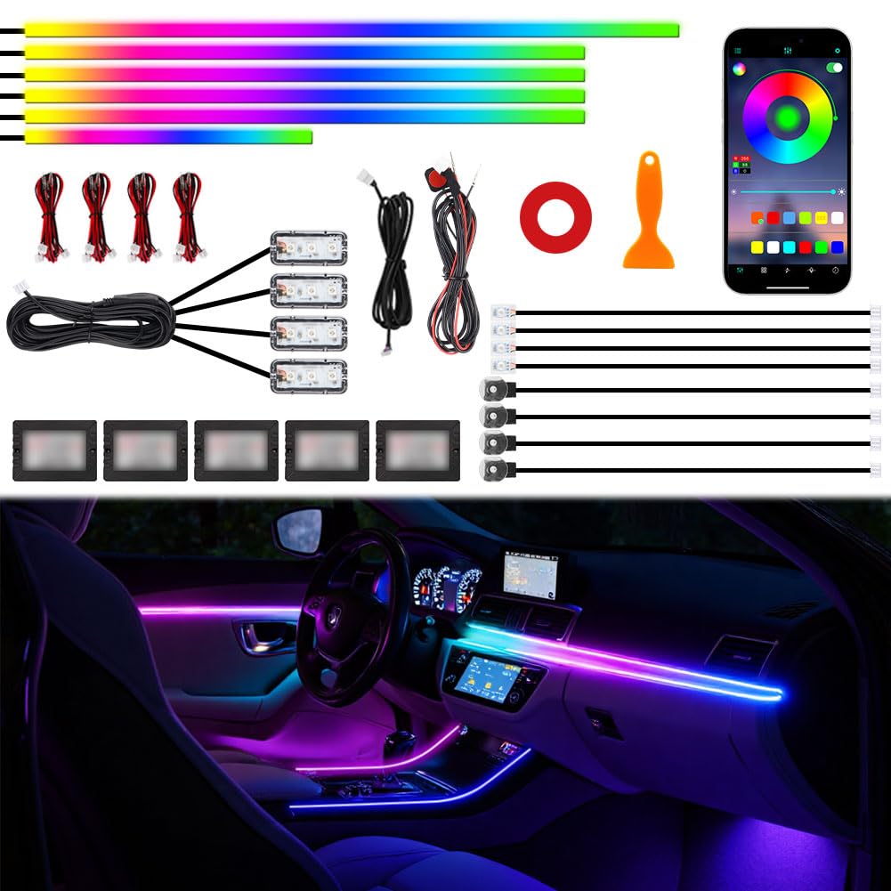 Acrylic Interior Car Ambient Lighting Kits, LED Strip Lights with Wireless APP, Neon Fiber Optic Lights Function LED Str