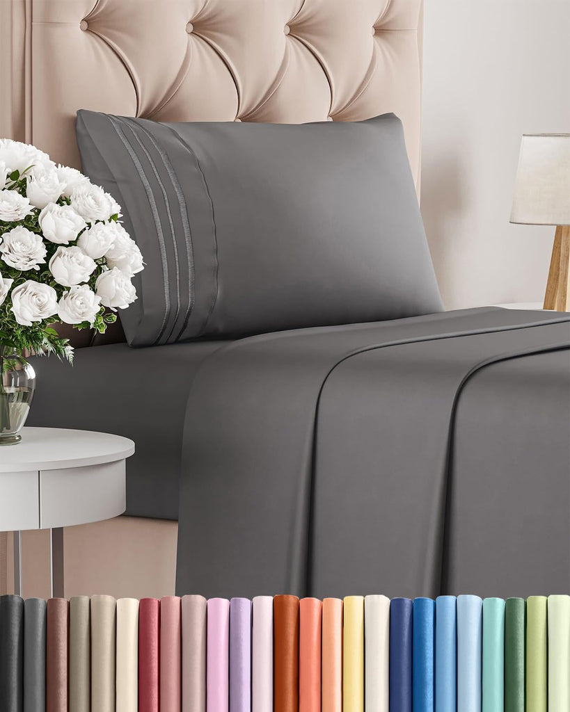 Twin Size 3 Piece Sheet Set - Comfy Breathable & Cooling Sheets - Dark Grey