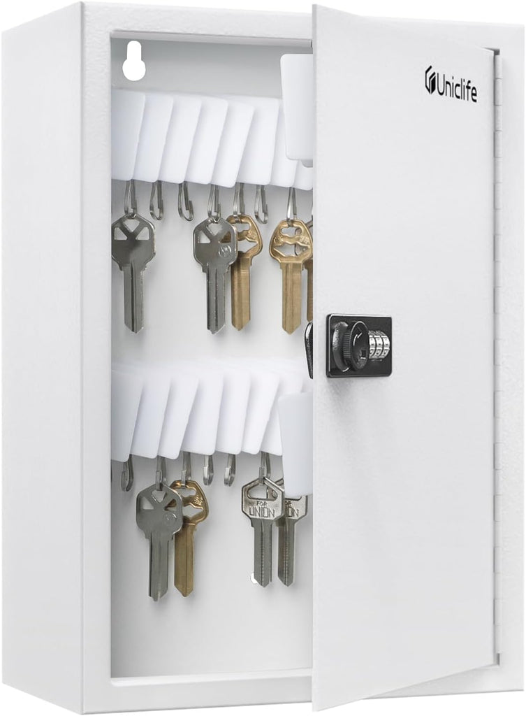 Uniclife 40 Position Slotted Key Cabinet with Combination Lock Resettable White Digital Security Storage Box Steel Key O