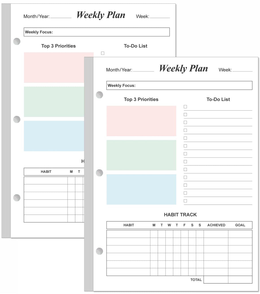 (2-Pack) Half Letter Size Weekly Planner Refills for 3 Ring Mini Binders - 53 Sheets/106 Pages Undated Colorful Weekly Planner, 100 gsm White Paper, Lasts 2 Year, Undated, 5.8" x 8.3"
