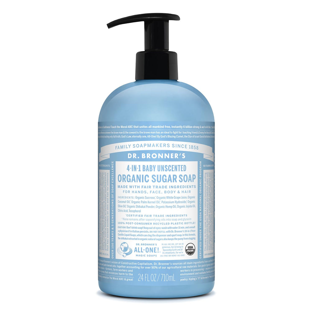 Dr. Bronner's Organic Sugar Soap (Baby Unscented, 24 Ounce) - Made with Regenerative Certified Organic Oils, Sugar & Shi