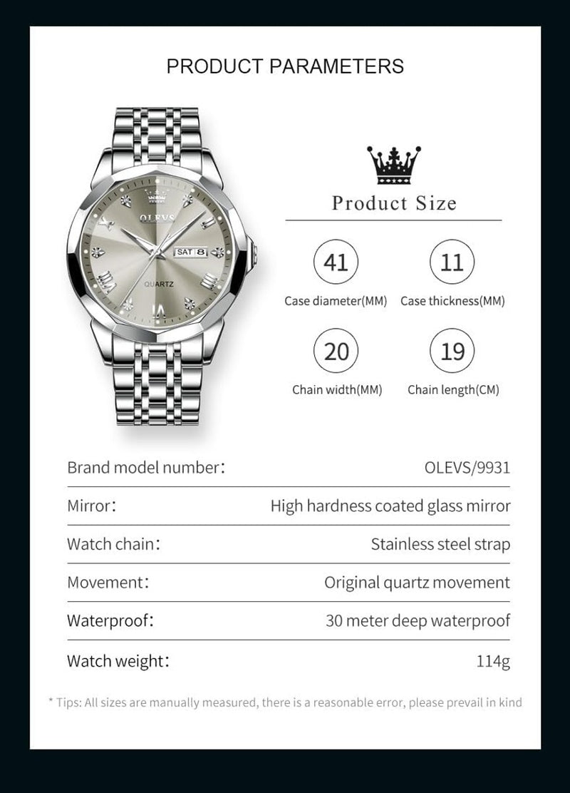 OLEVS Watch for Men Diamond Business Dress Analog Quartz Stainless Steel Waterproof Luminous Date Two Tone Luxury Casual Wrist Watch Blue
