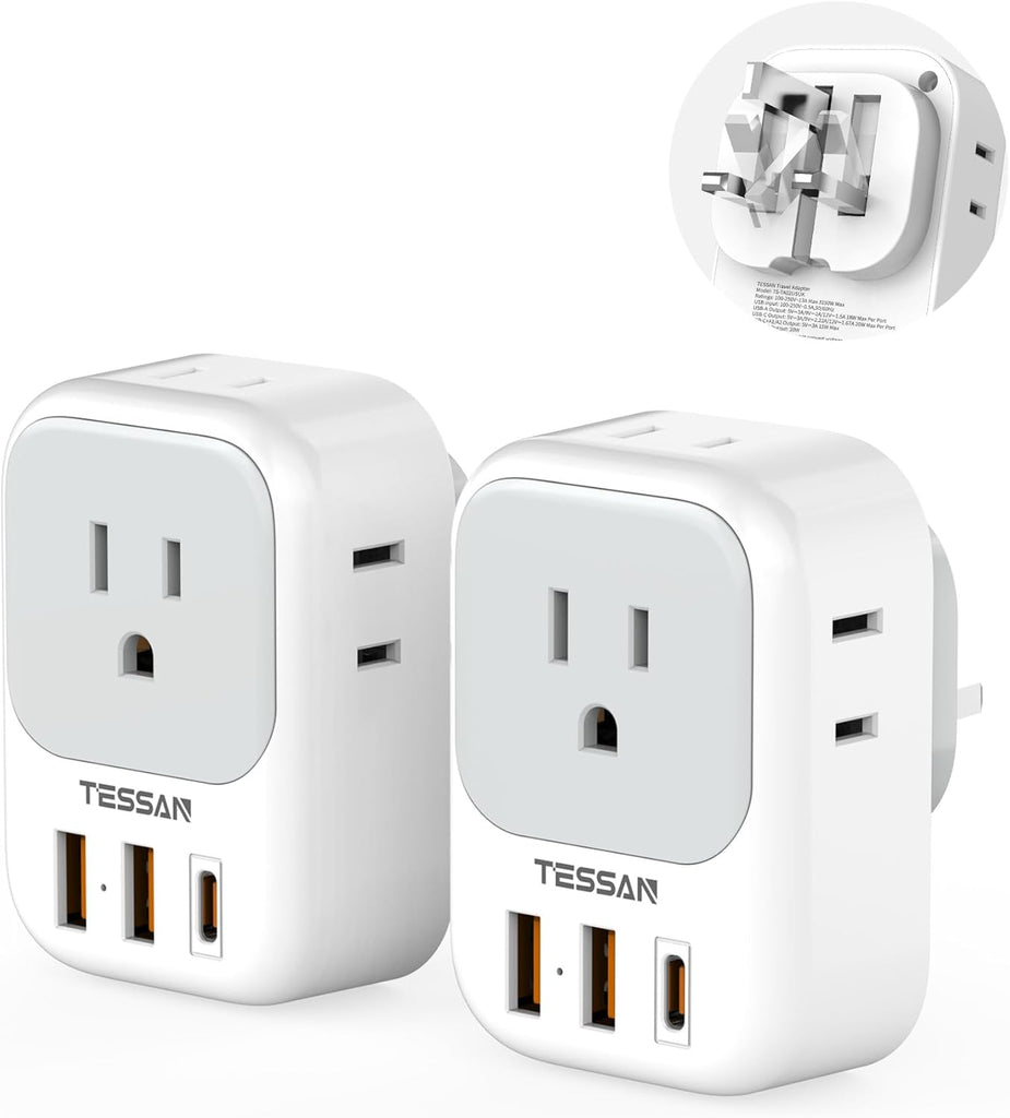 TESSAN UK Adapters for Travel, US to UK Ireland Plug Adapter 20W, Foldable