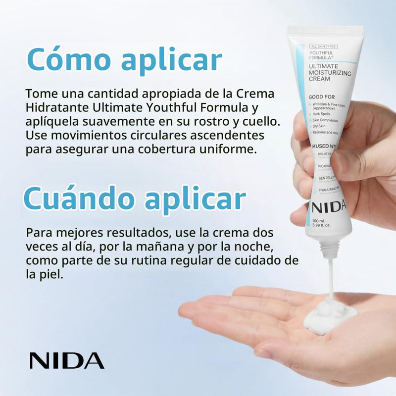 NIDA Youthful Formula Crema Hidratante con Centella Asiatica, Niacinamida, Acido Hialuronico y Colageno, Antiarrugas y Antimanchas, 100ml