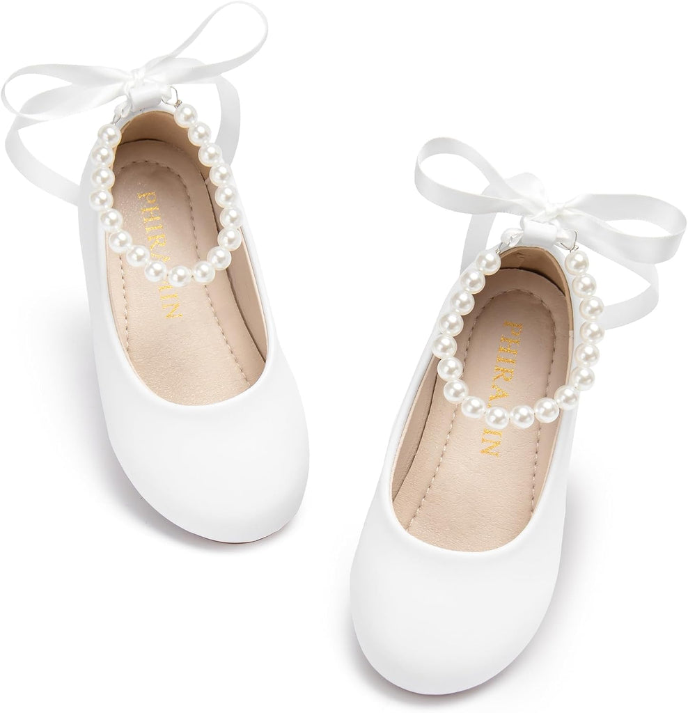 PHIRAMIN Toddler Flower Girl Faux Leather White Dress Shoes - Little Girl Ballet Flats Size 13 Pearl Wedding Party