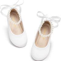 PHIRAMIN Toddler Flower Girl Faux Leather White Dress Shoes - Little Girl Ballet Flats Size 13 Pearl Wedding Party