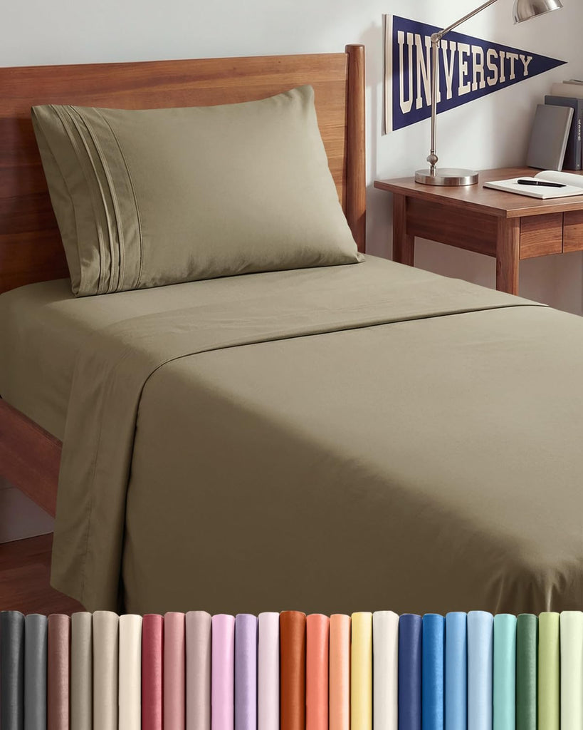 Twin XL 3 Piece Sheet Set - College Dorm Room Essentials - Khaki