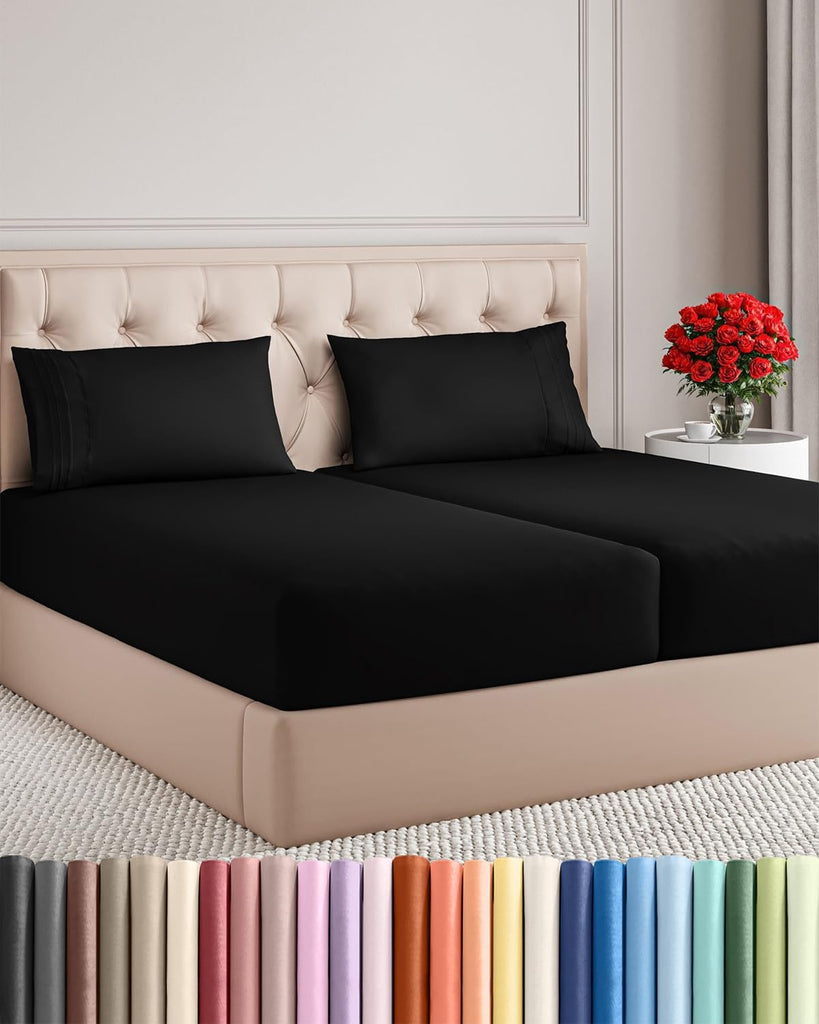 Split King Size 5 Piece Sheet Set - Breathable & Cooling Sheets - Black