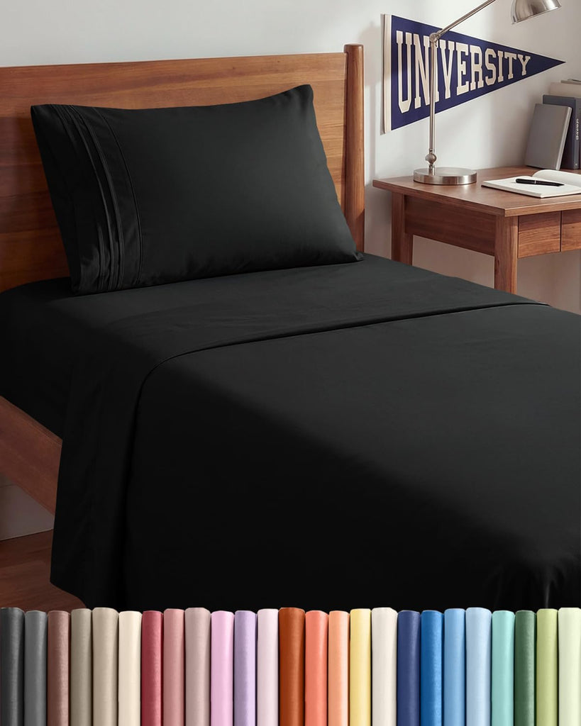 Twin XL 3 Piece Sheet Set - College Dorm Room Essentials - Black