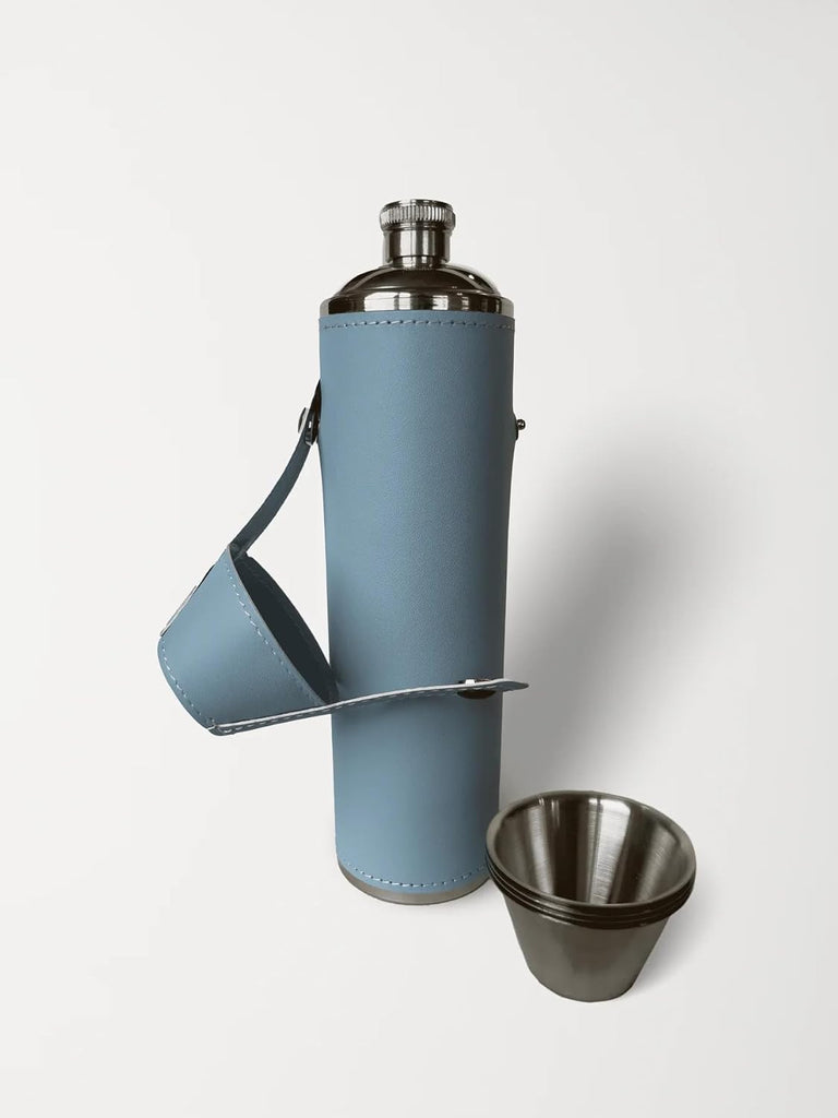 Birdie Bottle 12oz Flask with 4 Shot Glasses in Cap – Stainless Steel with Waterproof Leather Case, Leakproof, Reusable