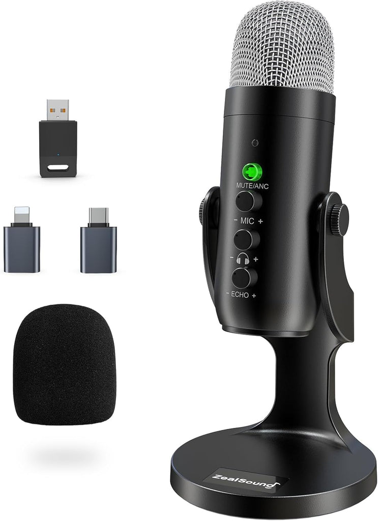 ZealSound Wireless Microphone for PC iPhone iPad & Android, Cordless USB Mic with Noise Cancellation, Mute, Gain, Echo &