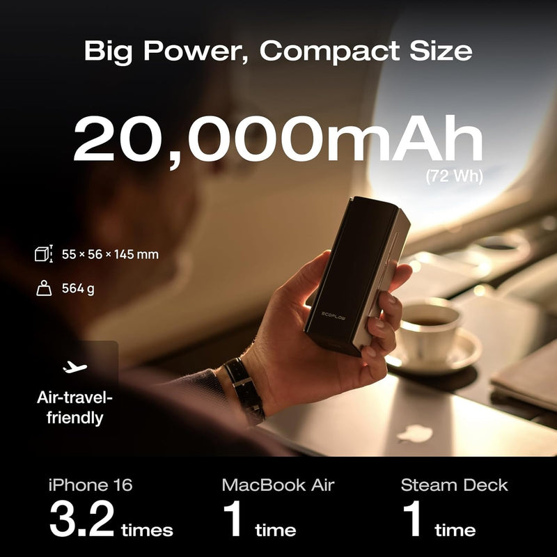 EF ECOFLOW Rapid Pro Power Bank, 20,000mAh 4-Port with 230W Max Output, Portable Charger with 100W Built-in Cable, TSA-Approved, App Control, for MacBook, iPhone 17/16 Series, Laptops, and More