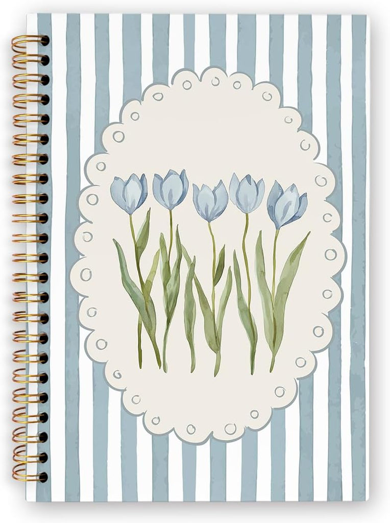 dvhdajed Grandmillennial Blue Tulip Floral Spiral Notebook,Preppy Chinoiserie Floral Journaling Notebooks,Blue Striped B