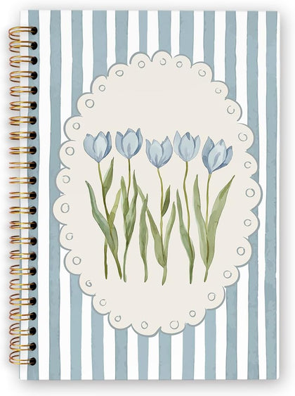 dvhdajed Grandmillennial Blue Tulip Floral Spiral Notebook,Preppy Chinoiserie Floral Journaling Notebooks,Blue Striped Botanical Spiral Journal for Women,Floral Office School Supplies Gifts,5.5x8.3In