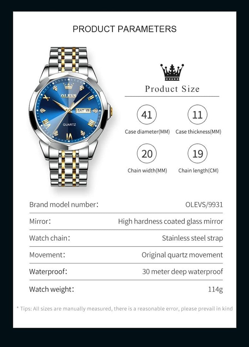 OLEVS Watch for Men Diamond Business Dress Analog Quartz Stainless Steel Waterproof Luminous Date Two Tone Luxury Casual Wrist Watch Blue