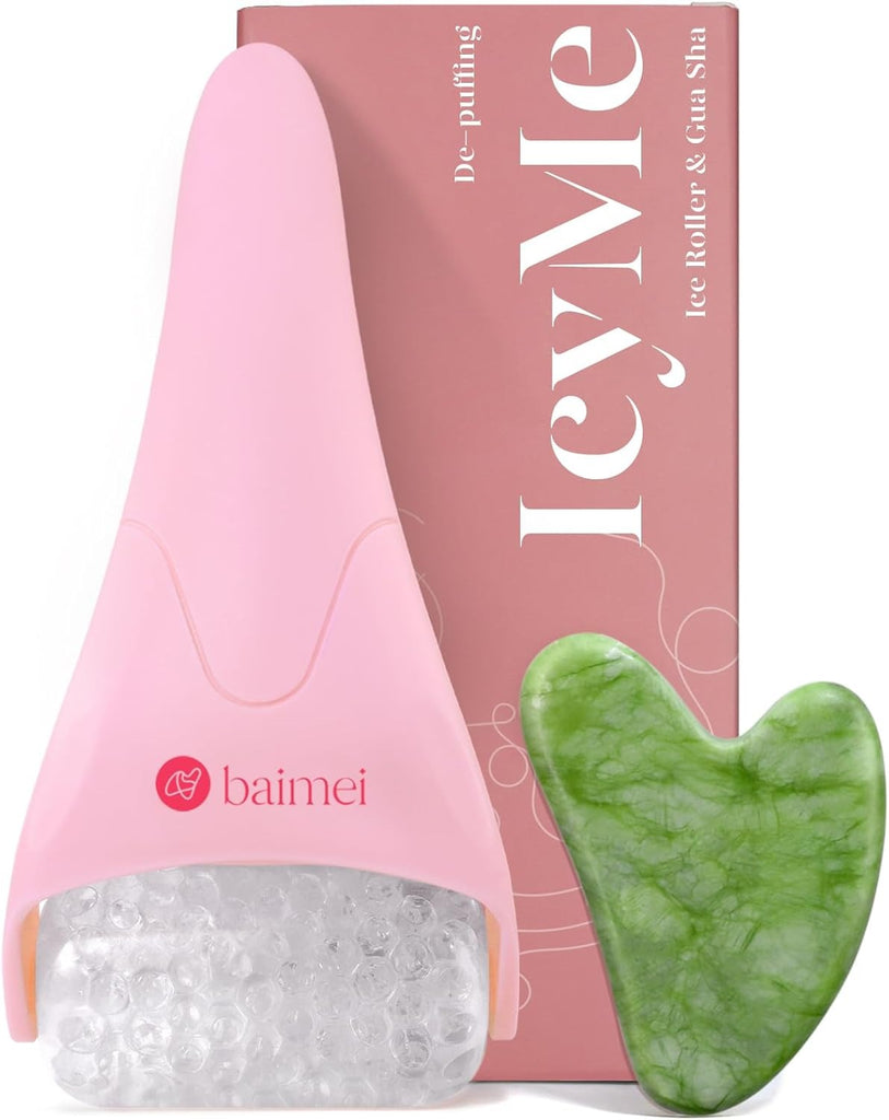 BAIMEI IcyMe - Rodillo de hielo para cara y juego de herramientas faciales Gua Sha, rodillo facial de hielo que reduce la hinchazón, alivia las migrañas, herramientas para el cuidado de la piel