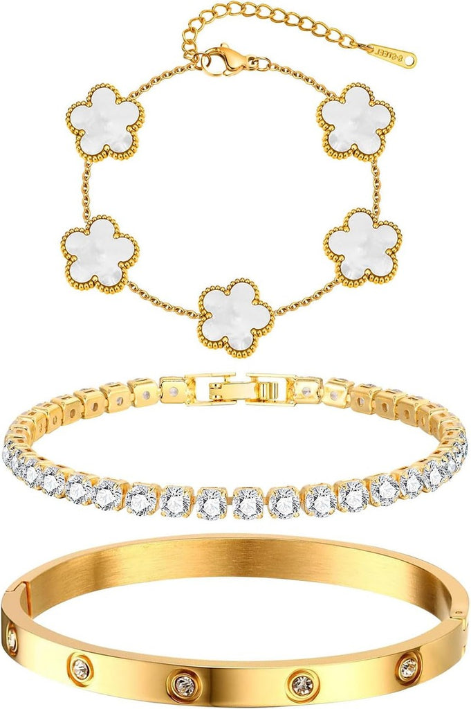 Ofertaza, MPRAINBOW Womens Stackable Floral Gold Bracelets - 3Pcs 18K Gold