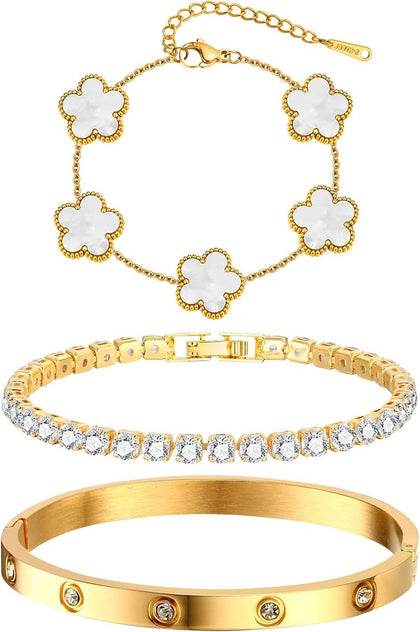 Ofertaza, MPRAINBOW Womens Stackable Floral Gold Bracelets - 3Pcs 18K Gold