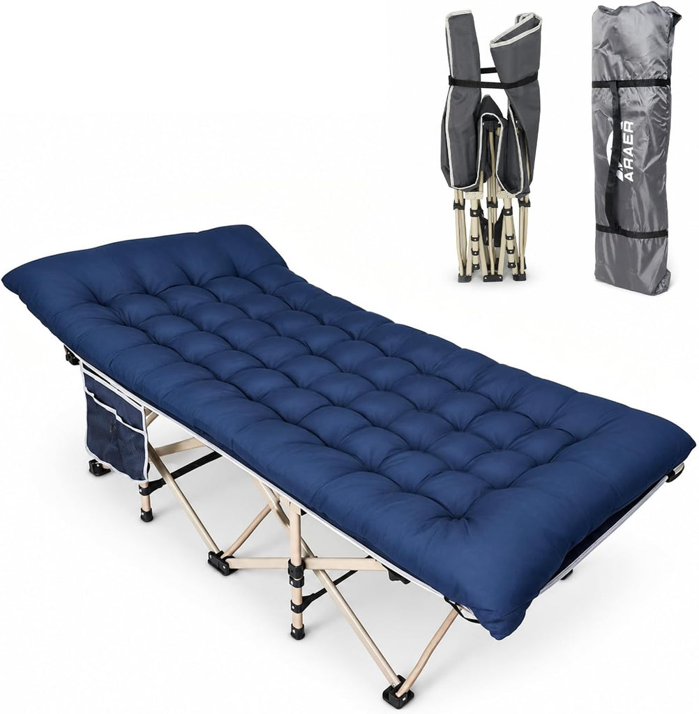 ARAER Camping Cot with Mattress 450LBS Portable Folding Outdoor Bed with Carry Bag for Adults Kids, Heavy Duty Cot for Traveling Gear Supplier, Office Nap, Beach Vocation and Home Lounging (Navy blue)