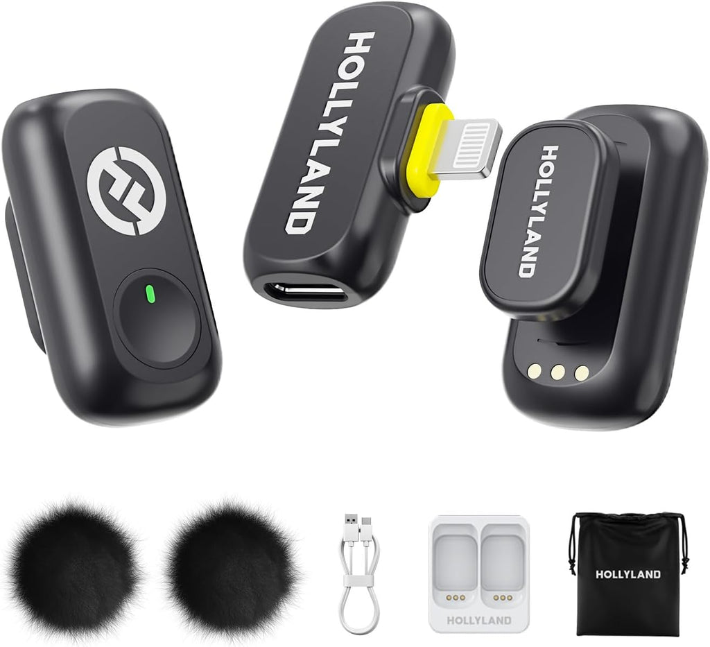 Hollyland Lark A1 Wireless Mini Microphone for iPhone 14/13/12 (2TX + Lightning RX) 48kHz/24-bit, 3-Level Intelligent Noise Cancel, Magnetic Microphone for YouTube, Podcast, Vlogging (Black)