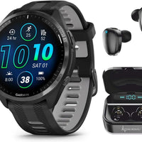 Wearable4U - Garmin Forerunner 965 Premium GPS Running and Triathlon 47mm Smartwatch with AMOLED Touchscreen Display, Carbon Gray DLC Titanium Bezel with Black Silicone Band with Black Earbuds.
