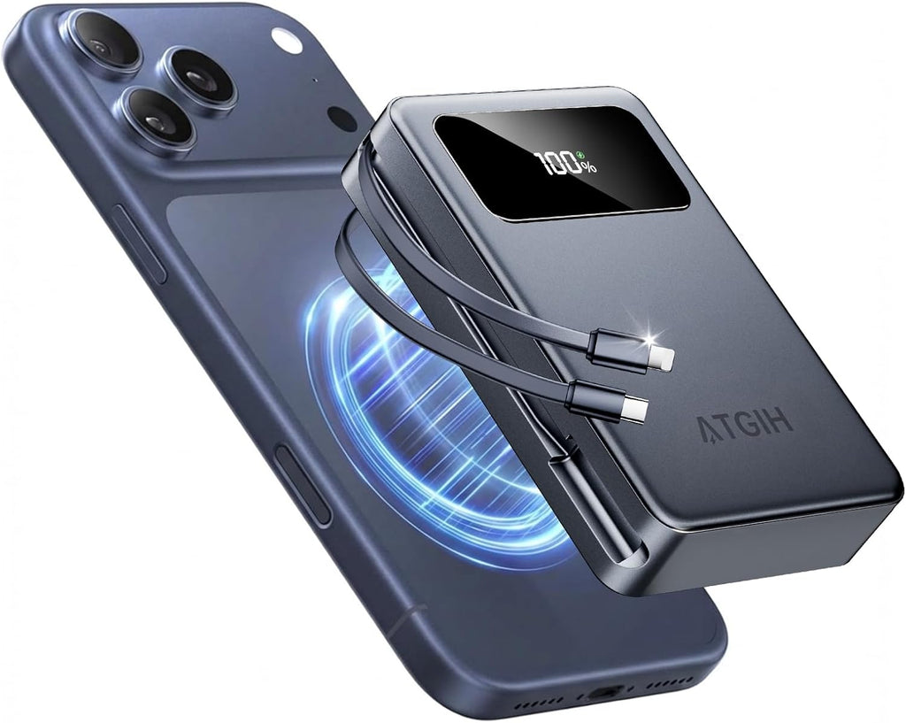 ATGIH 20000mAh Magsafe Wireless Power Bank, 5-in-1 Portable Charger with 2 Built in Cables, 20W PD Fast Charging for Mag