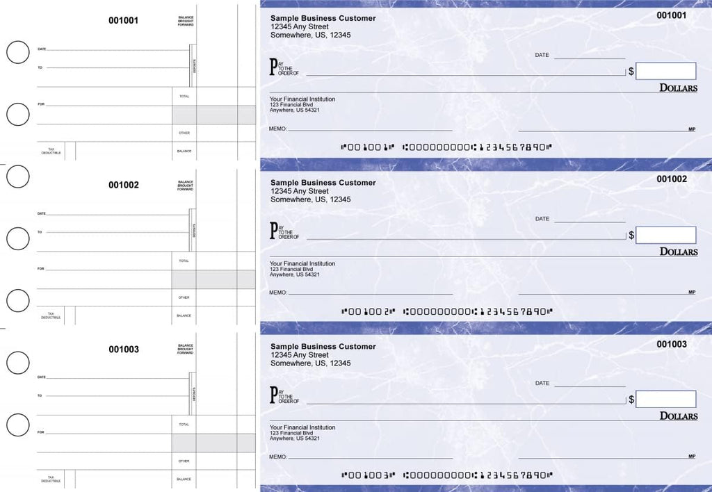 ABC Manual Checks for Business 3 on a Page with Stub Voucher, Blue Checks (1000)