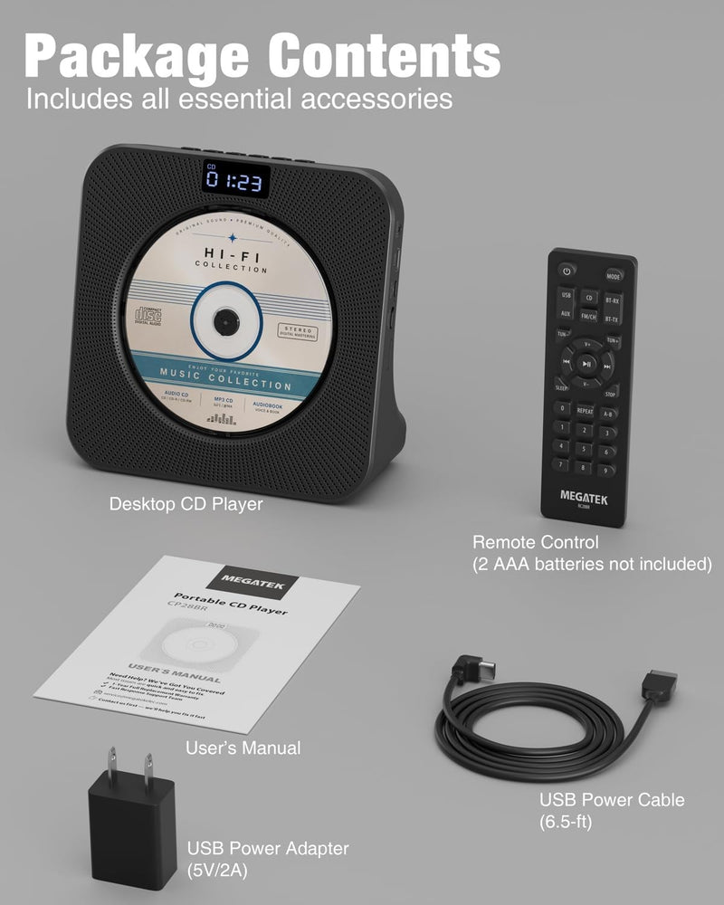 MEGATEK Portable CD Player with Bluetooth RX/TX, FM Radio & USB - Black