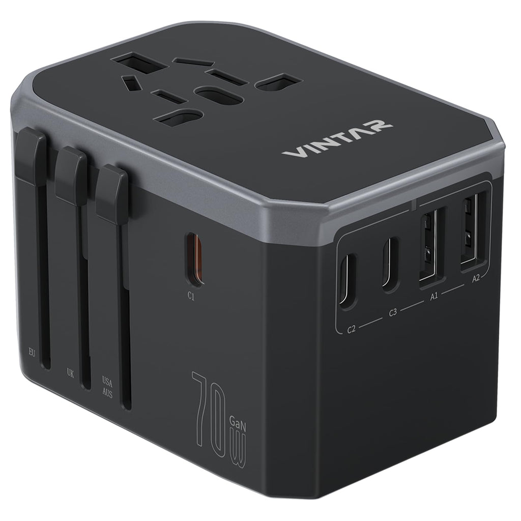 VINTAR Universal Travel Adapter 70W GaN, 3USB-C & 2USB-A for Laptops