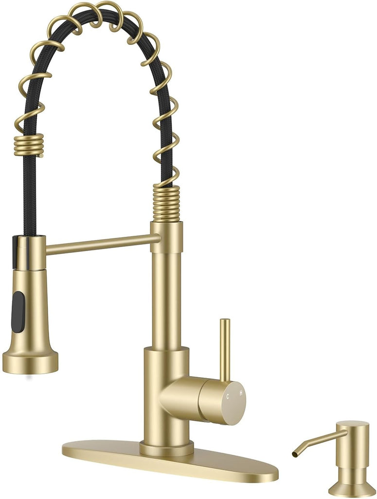 Arofa Gold Kitchen Faucets with Soap Dispenser and Pull Down Sprayer