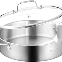DELARLO Tri-Ply Stainless Steel 7QT Saute Pan With Lid, 12 Inch Deep Frying Pan, Induction Large Skillet, Cooker Pan for