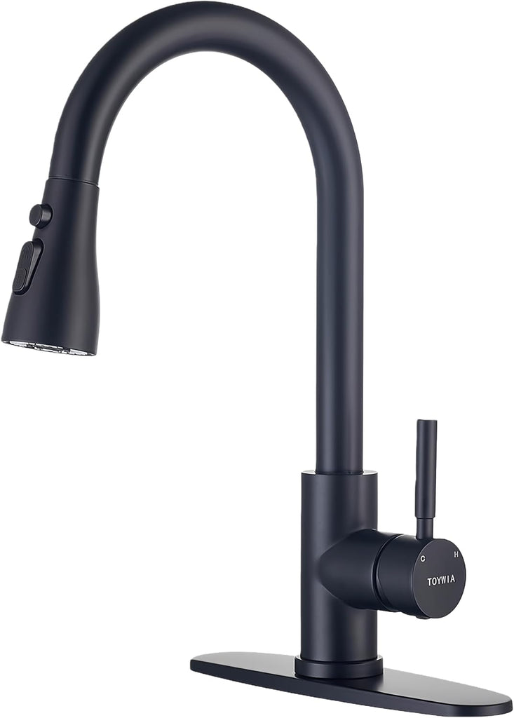 TOYWIA Kitchen Faucets with Pull Down Sprayer, 3 Function Sprayer, Matte Black Stainless Steel Single Handle High Arc Si